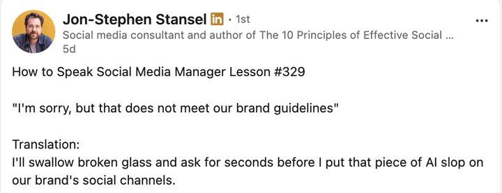 Jon-Stephen Stansel's LinkedIn post translating brand guidelines