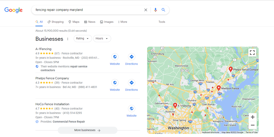 Google local map of businesses nearby