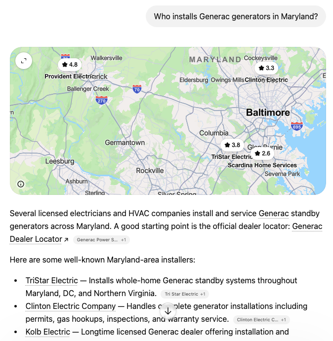 Who installs Generac generators in Maryland?