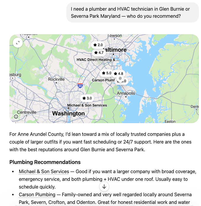 I need a plumber and HVAC technician in Glen Burnie or Severna Park Maryland — who do you recommend?
